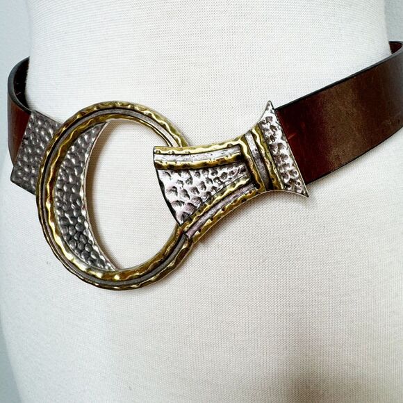 Chico's Brown Belt with Silver and Gold Accents Adjustable - leather slide - Picture 3 of 10
